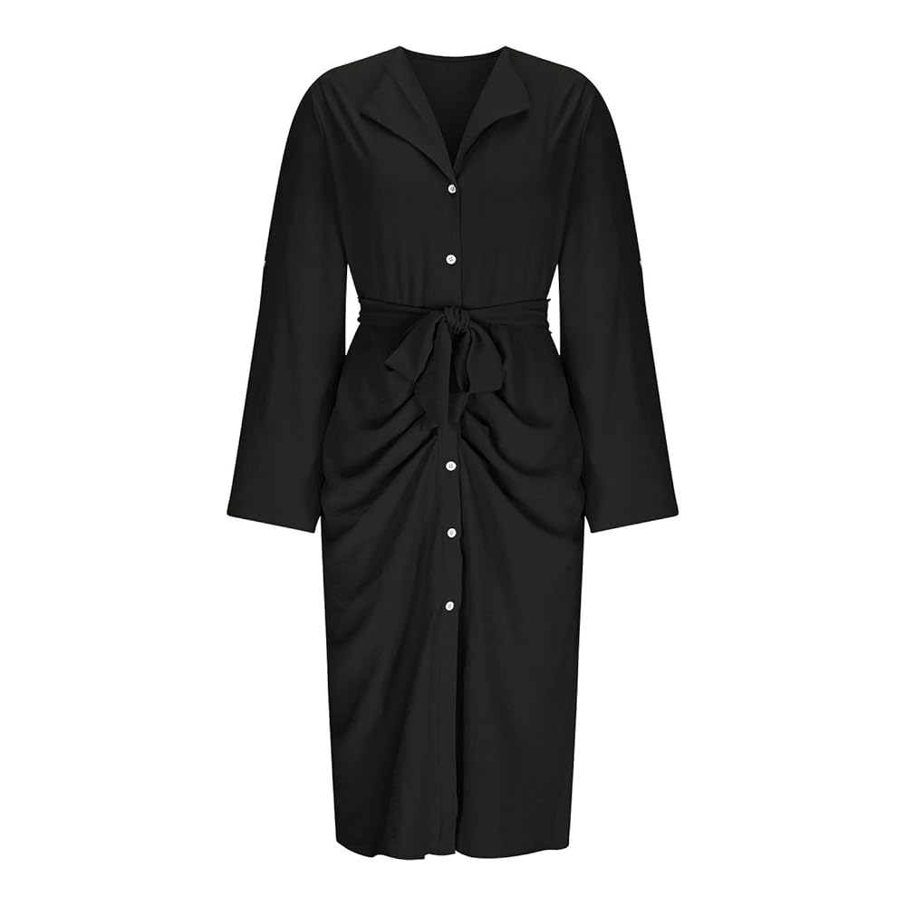 RAYA FRONT BUTTON DRESS ロングジレ PRETTYGARDEN Women's Casual Long Sleeve Midi Dress Swiss Dot
